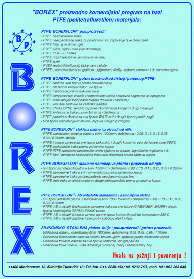 Borex doo proizvodno komercijalni program na bazi PTFE (politetrafluretilen) materijala